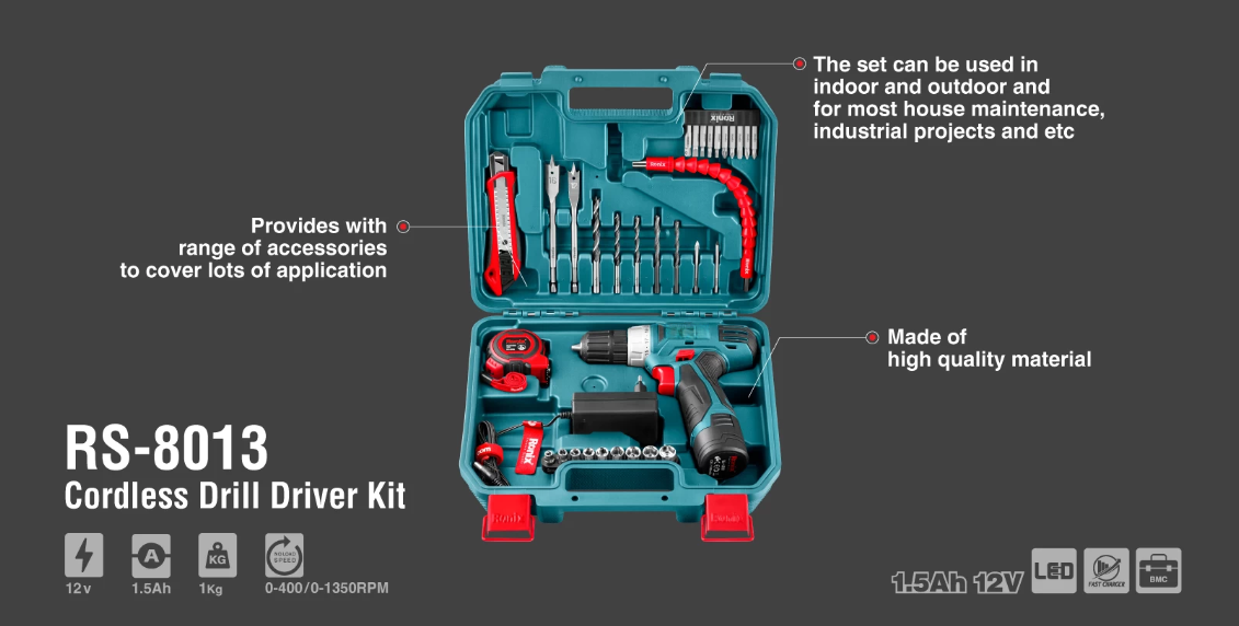 Ronix RS-8013 New Arrival In Stock 12V Cordless Drill Driver Kit 35pcs Tool Set With Hand Tools And Drill Bits